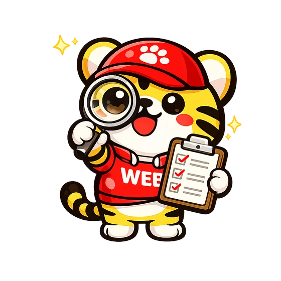 虫眼鏡とチェックリストで仕上がりを確認する、サイト工房のキャラクター「まるとら」