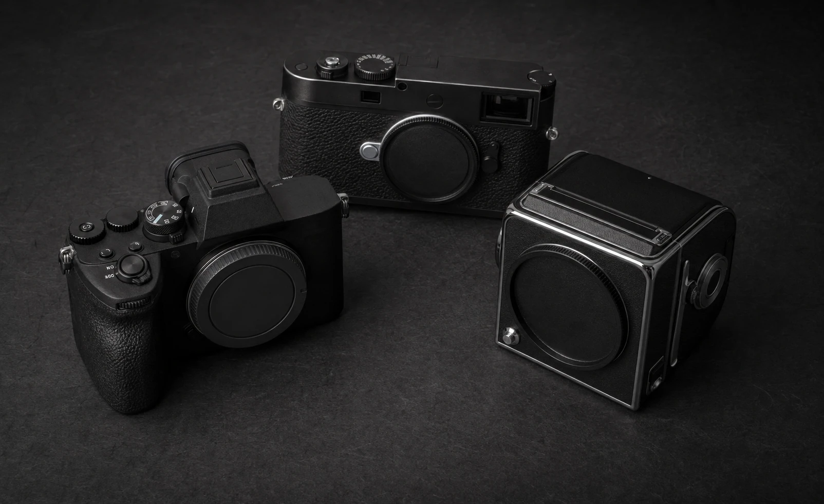 黒い背景に並ぶ使用機材3台。左から Sony α7 IV、Leica M11-P、Hasselblad 907X & CFV 100C