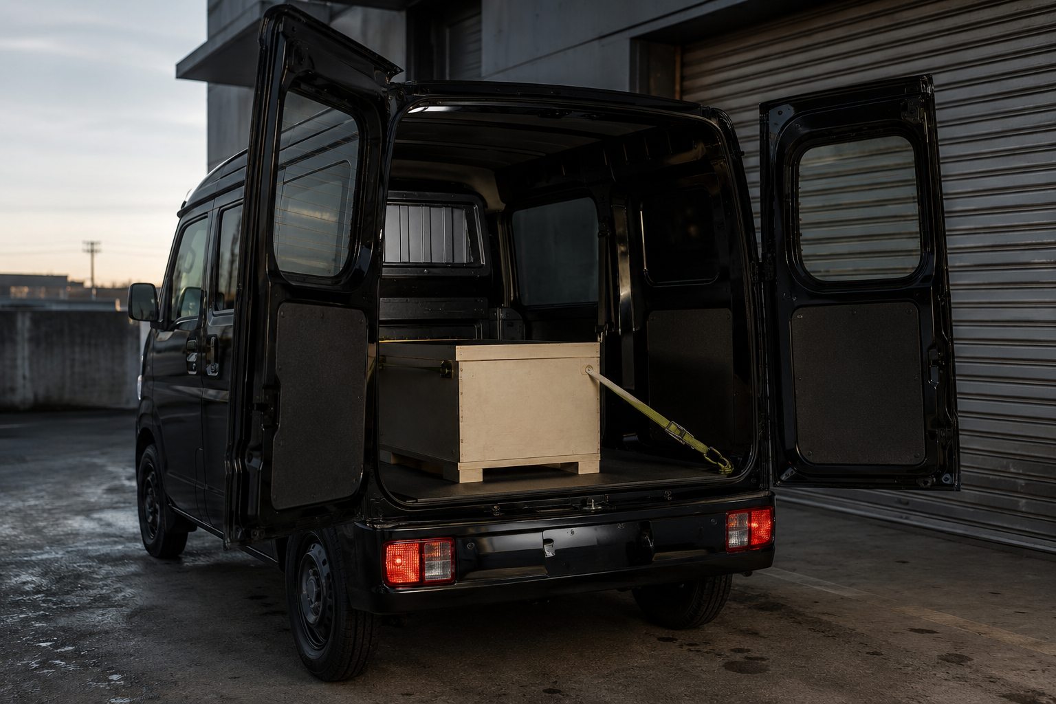 後部ドアを開いた荷室に木箱一つを固定した軽貨物車両