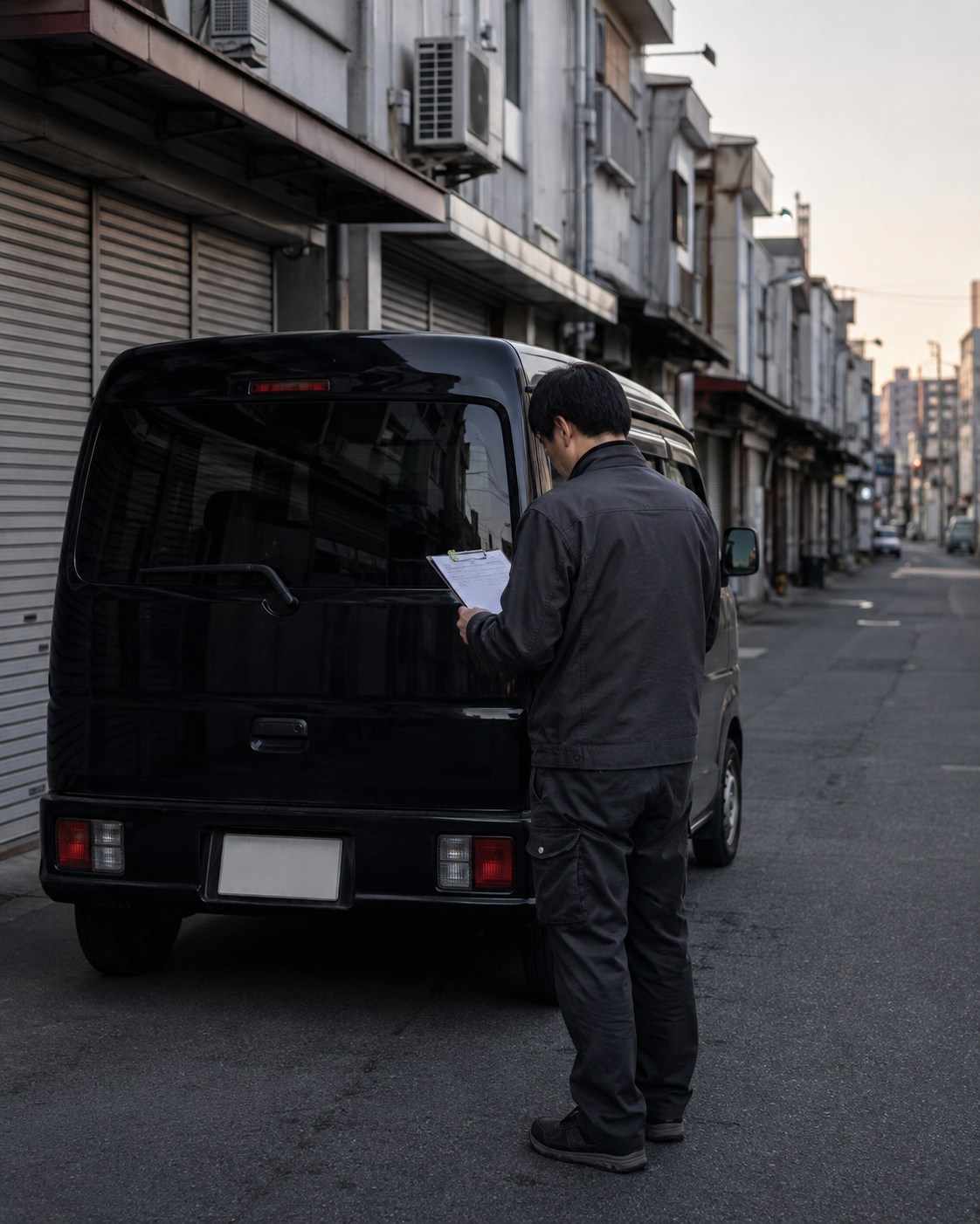 商店街で伝票を確認するドライバーと停車中の軽貨物車両