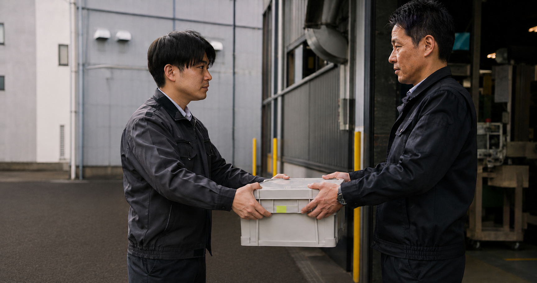 工場の搬入口で通い箱を受け渡す作業着の二人