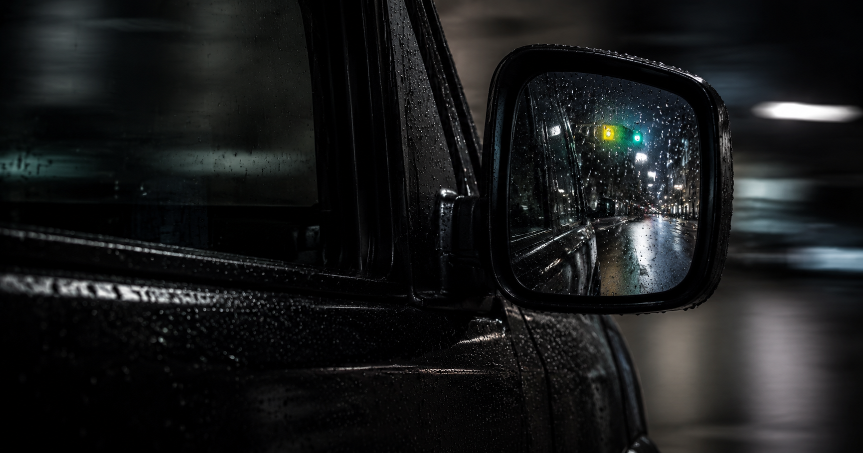 雨の夜、街灯と信号を映す軽貨物車両のサイドミラー