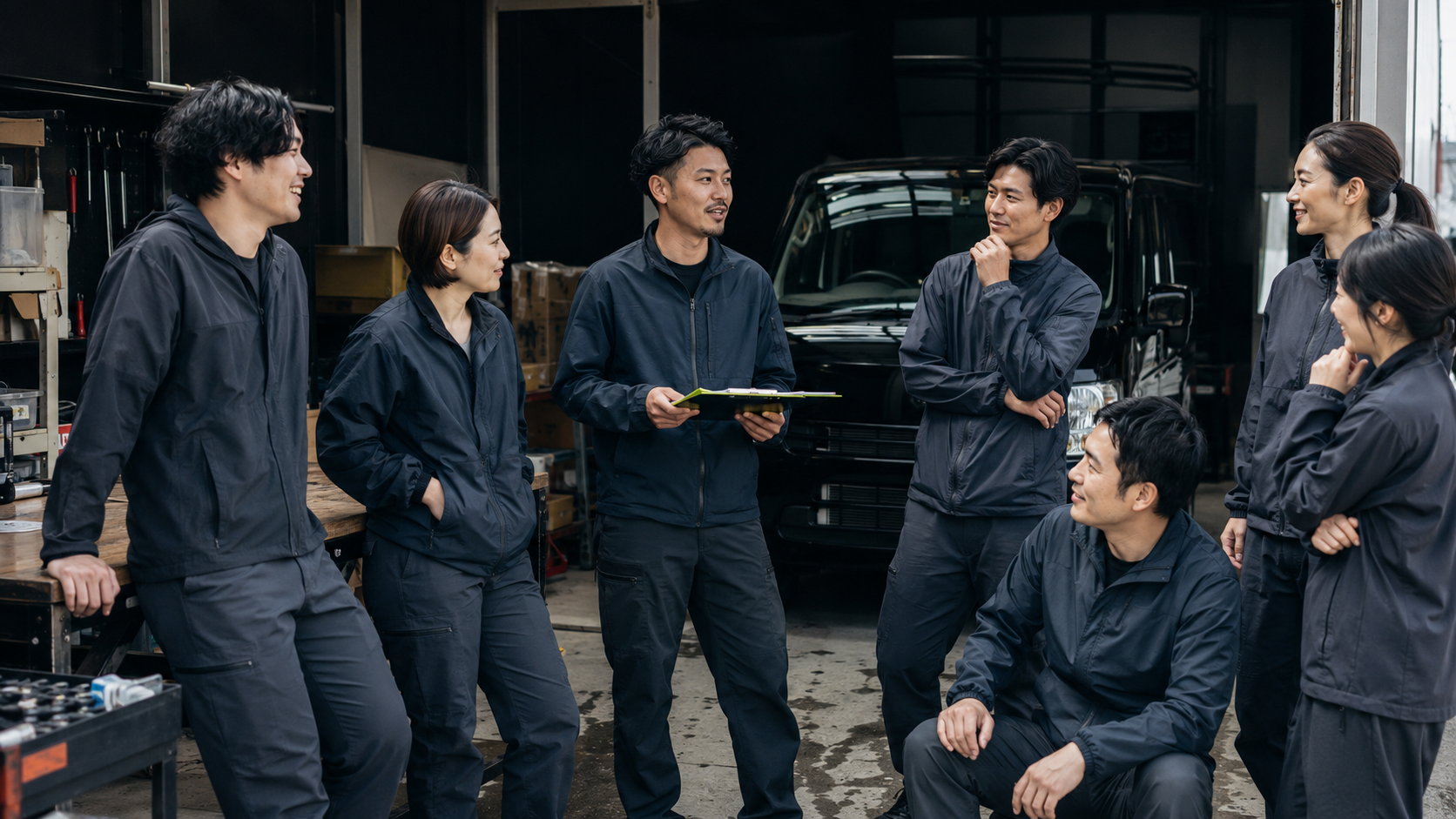 車庫の前で打ち合わせをするドライバーたち