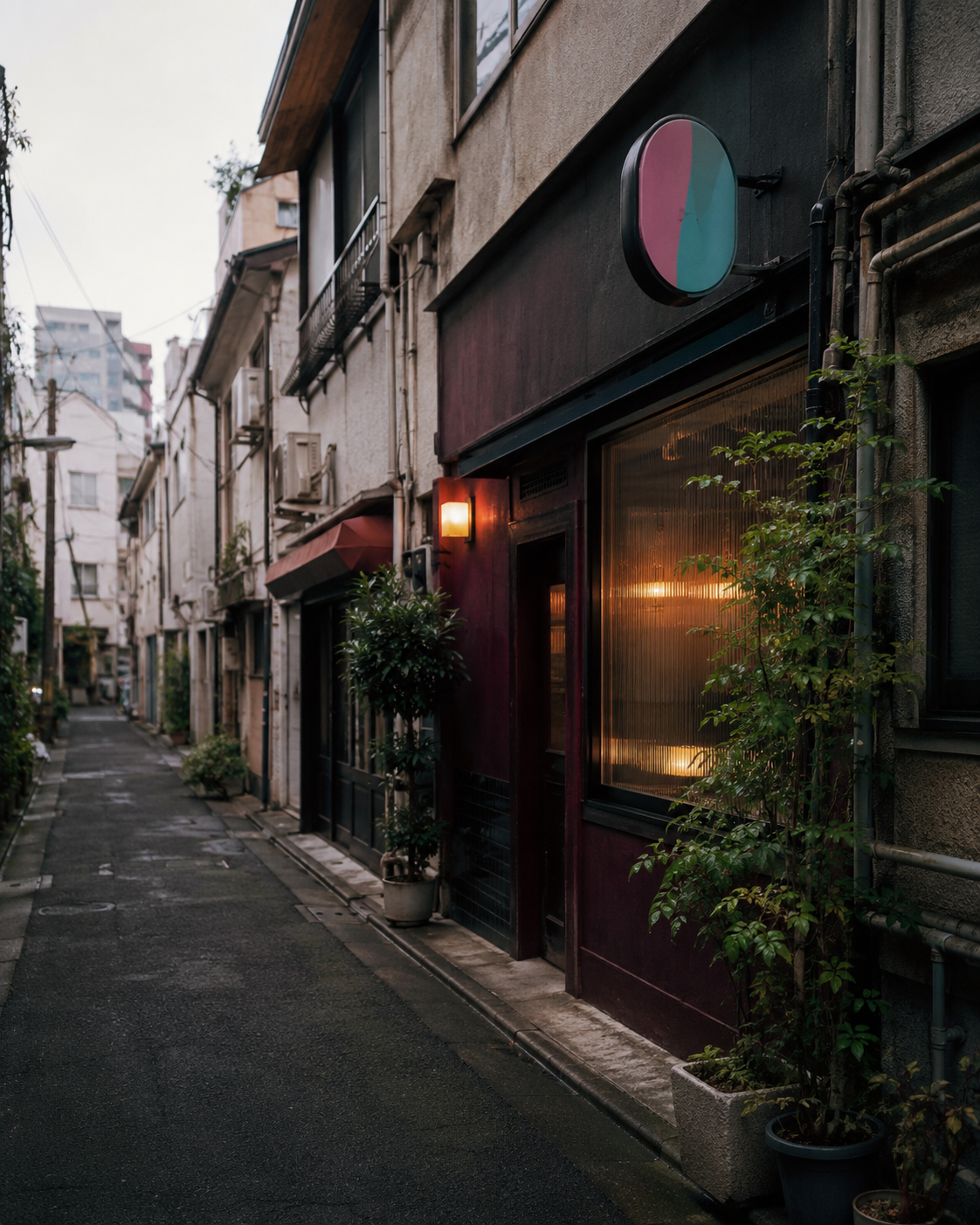 昼の裏通り。細い路地の右手に SAMPLE 喫茶 Neon の入口があり、壁からピンクとシアンの丸看板が突き出している。