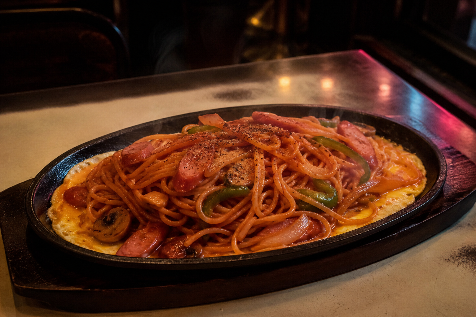 鉄板と木皿で供されるナポリタン。溶き卵の上に太麺、ピーマン、玉ねぎ、ソーセージがのり、湯気が上がっている。