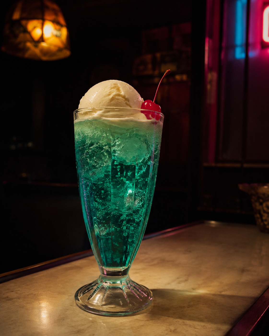 背の高いグラスに注がれたNeon Cream Soda。青緑の炭酸の上にバニラアイスと赤いさくらんぼがのっている。