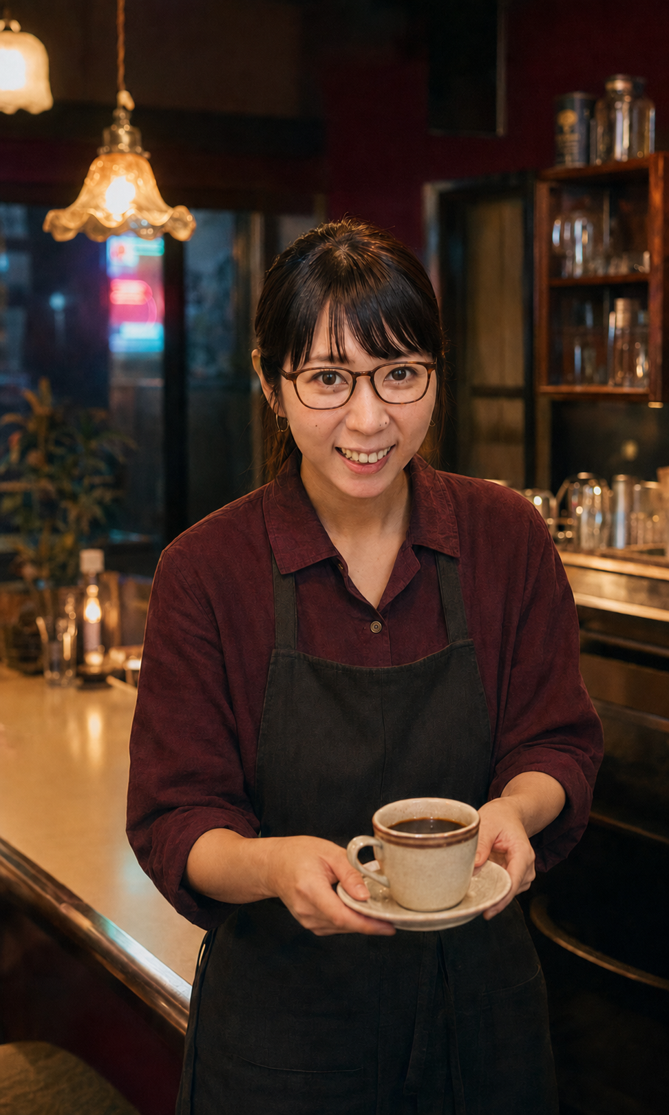 カウンターの内側に立つ二代目店主・清咲玲。眼鏡をかけ、淹れたての珈琲をソーサーごと差し出して微笑んでいる。