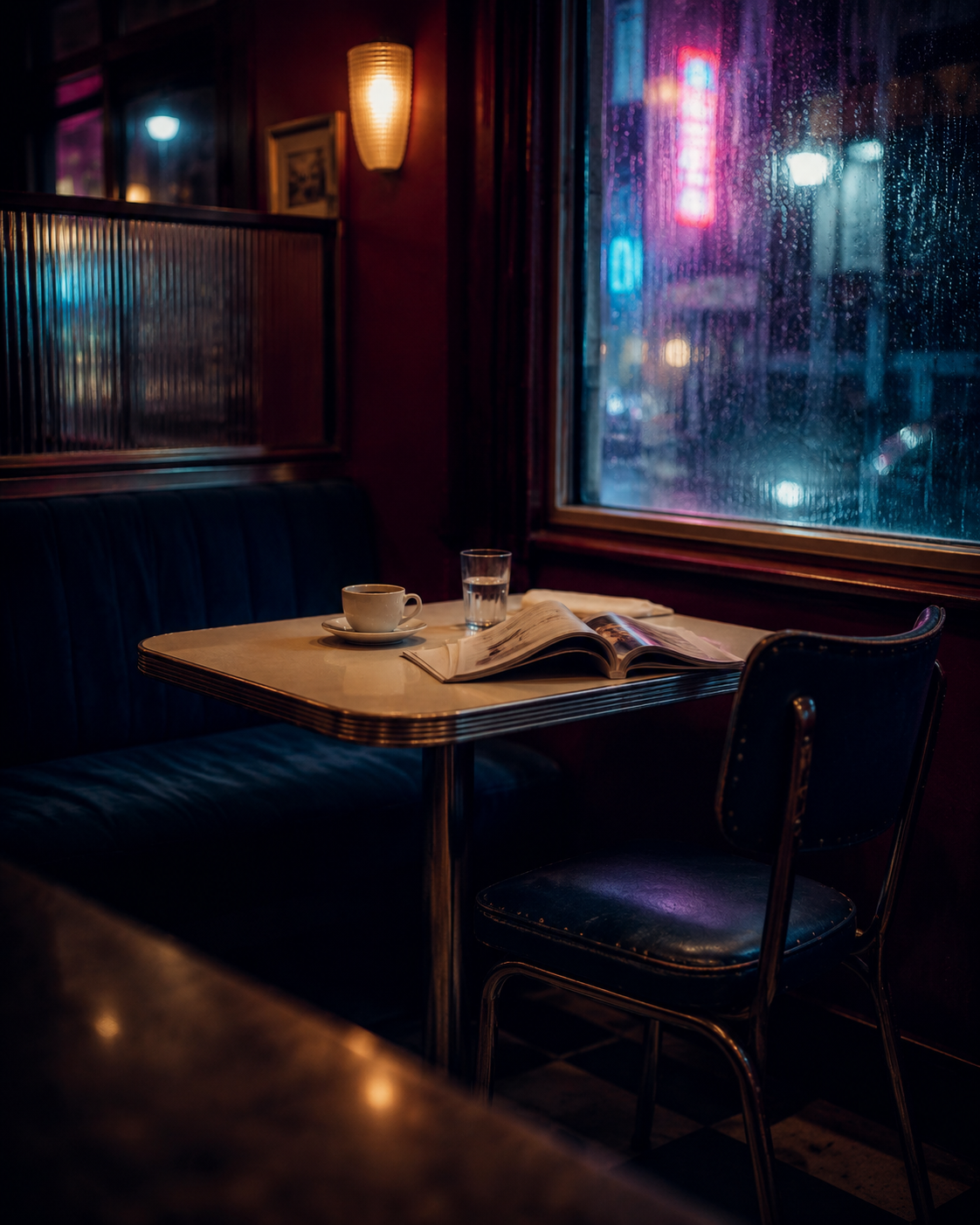 雨の窓際にある二人掛けの席。テーブルには珈琲と水のグラス、読みかけの雑誌が open のまま置かれている。