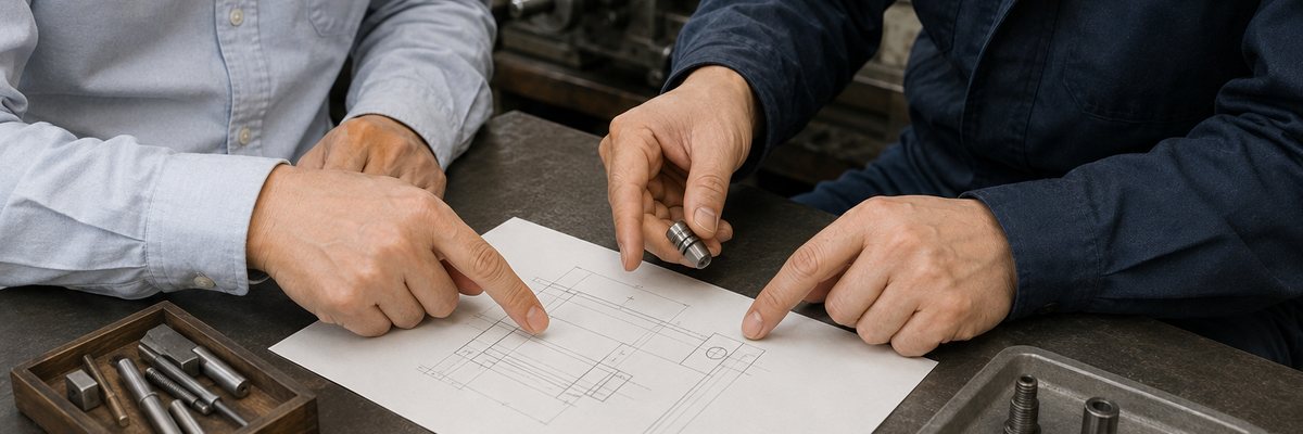 図面を挟んで、部品を手に取りながら相談している担当者と顧客の手元