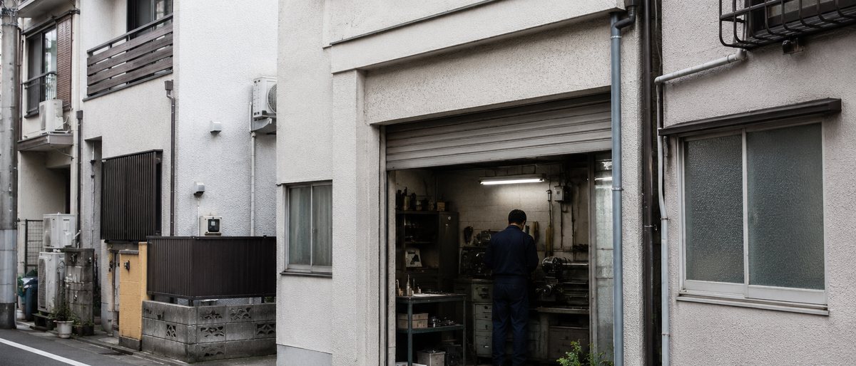住宅に隣接して建つ、小さな二階建ての町工場の外観