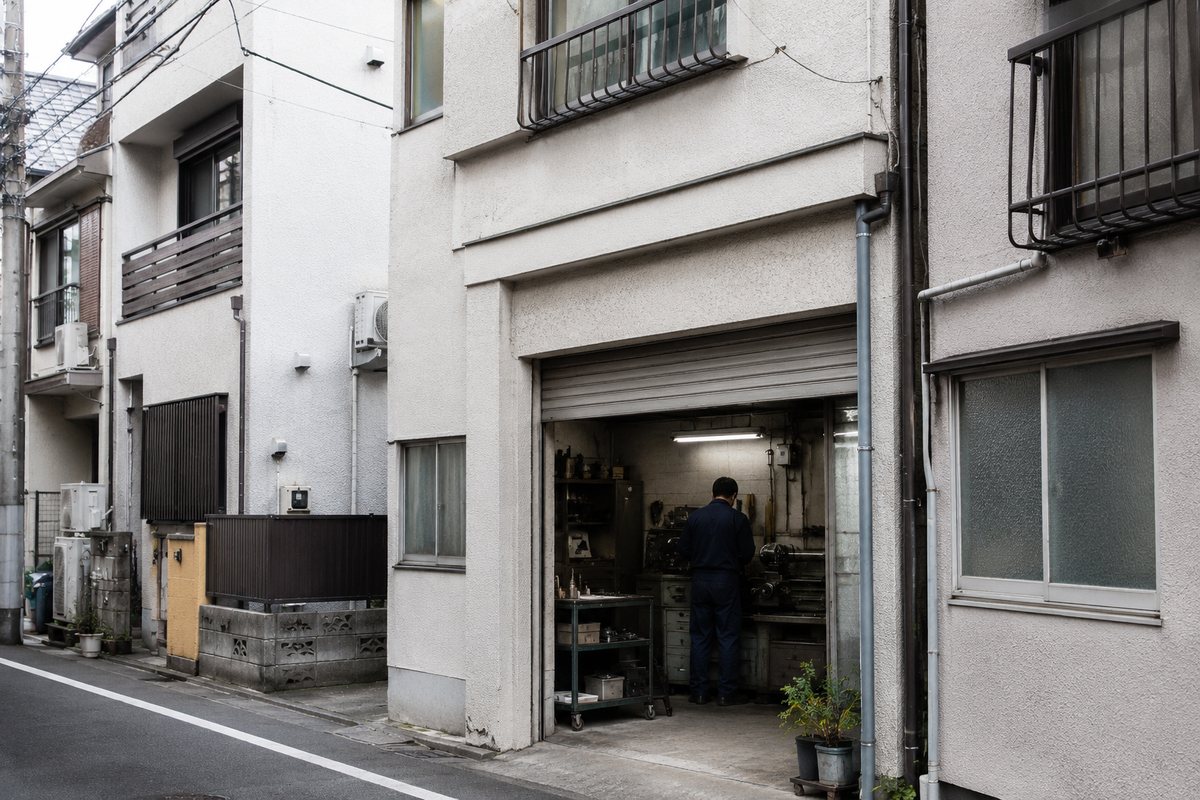 住宅街の道に面した、小さな町工場の外観とシャッターの開いた作業口